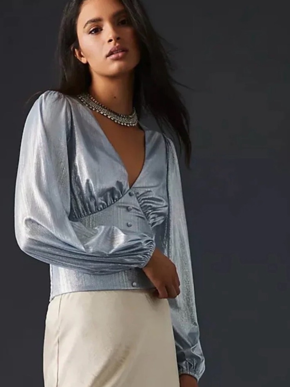 Flat White by Anthropologie metallic blue shimmer blouse